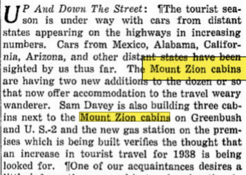 Mount Zion Cabins - Jun 17 1938 Article (newer photo)